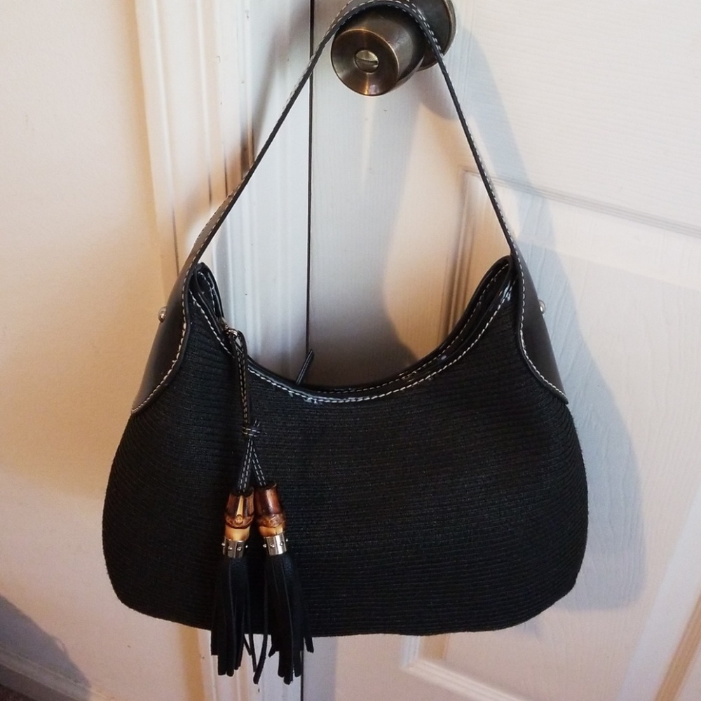 Talbots black straw and leather tassle tote.